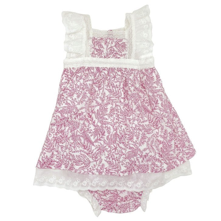 Girl Burgundy Toile Dress with Lace
