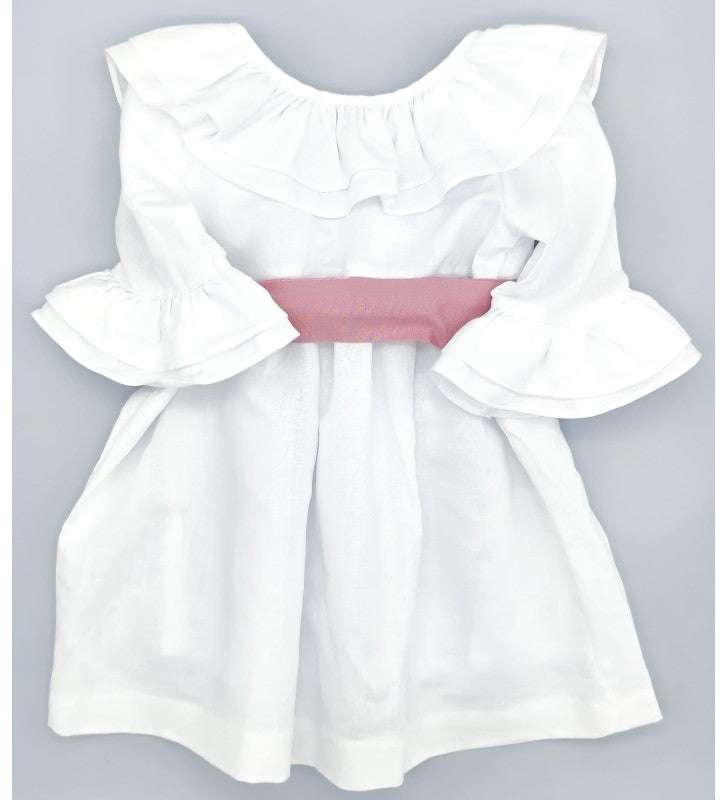 Girl White Linen Dress with Pink Sash