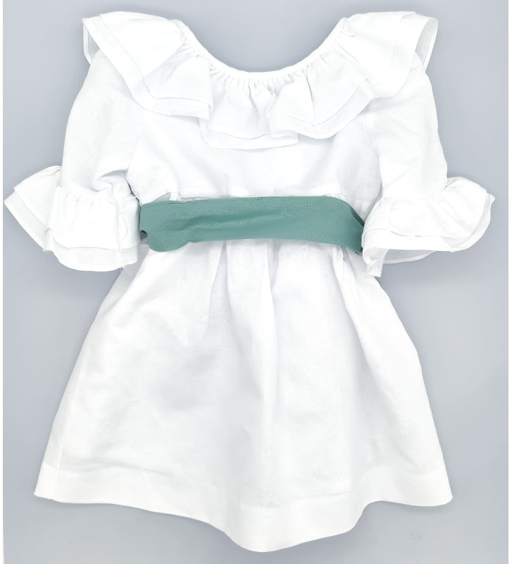 Girl White Linen Dress with Green Sash