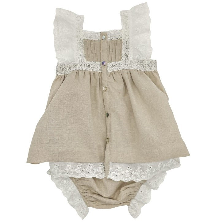 Girl Beige Linen Dress with Lace