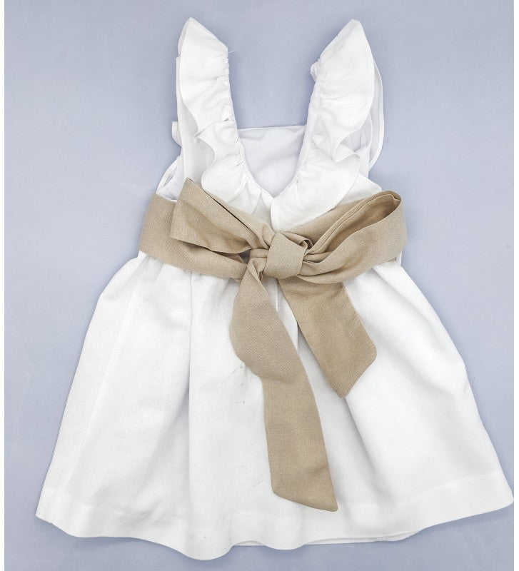 Girl White Linen Dress with Beige Sash