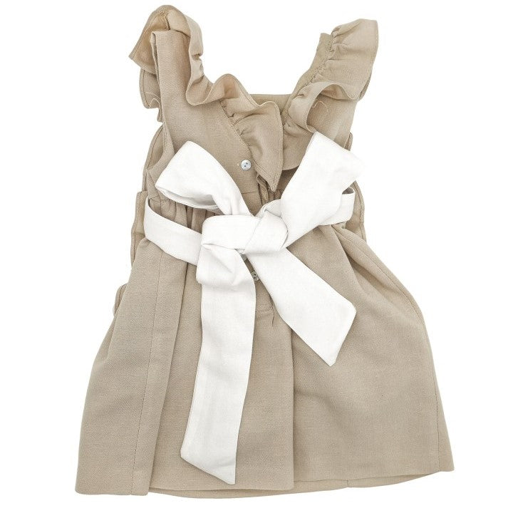 Girl Beige Linen Dress with White Sash