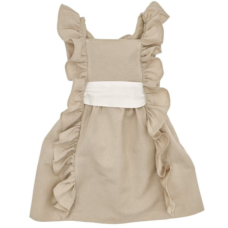 Girl Beige Linen Dress with White Sash