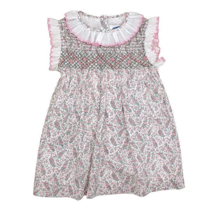 Girl Pink & Green Floral Hand Smocked Dress with White Collar