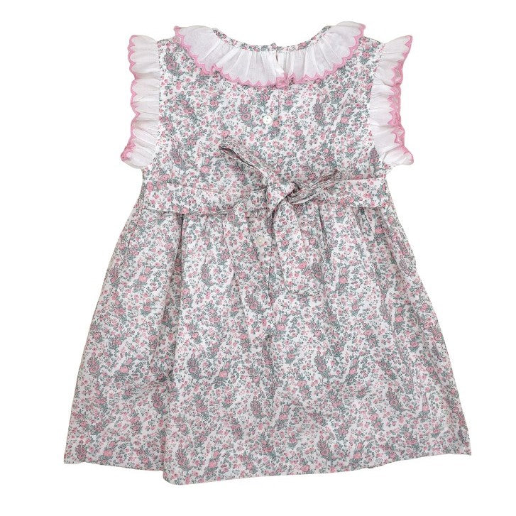 Girl Pink & Green Floral Hand Smocked Dress with White Collar