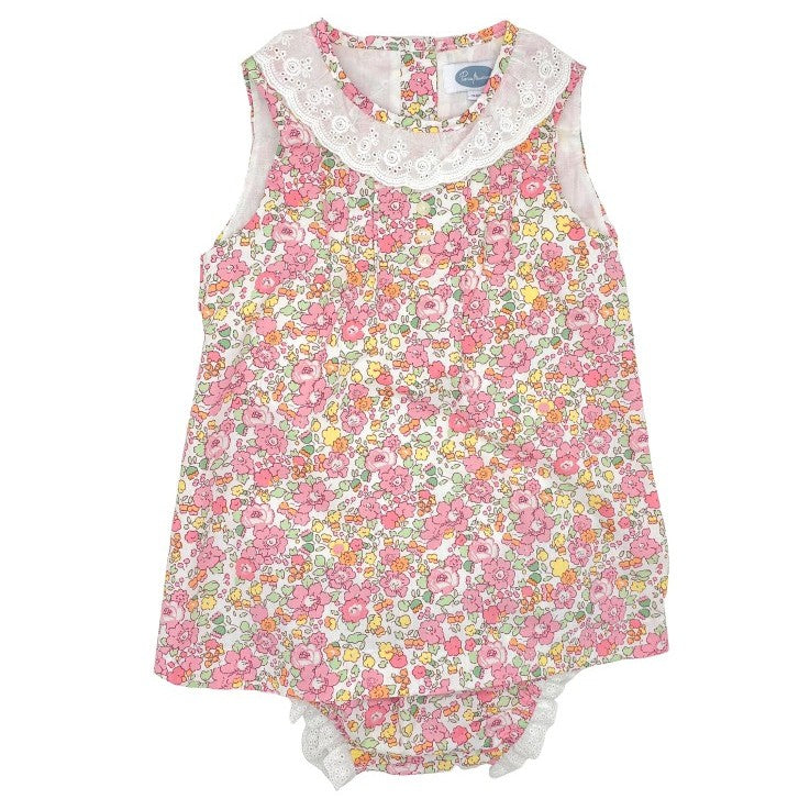 Girl Pink Flowers Liberty Dress with White Embroidered Collar