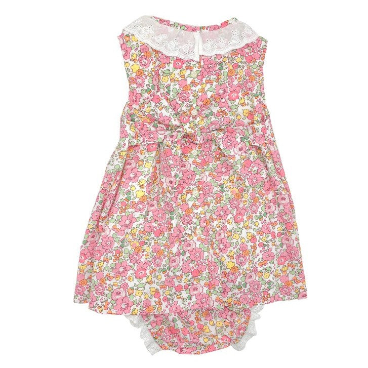 Girl Pink Flowers Liberty Dress with White Embroidered Collar