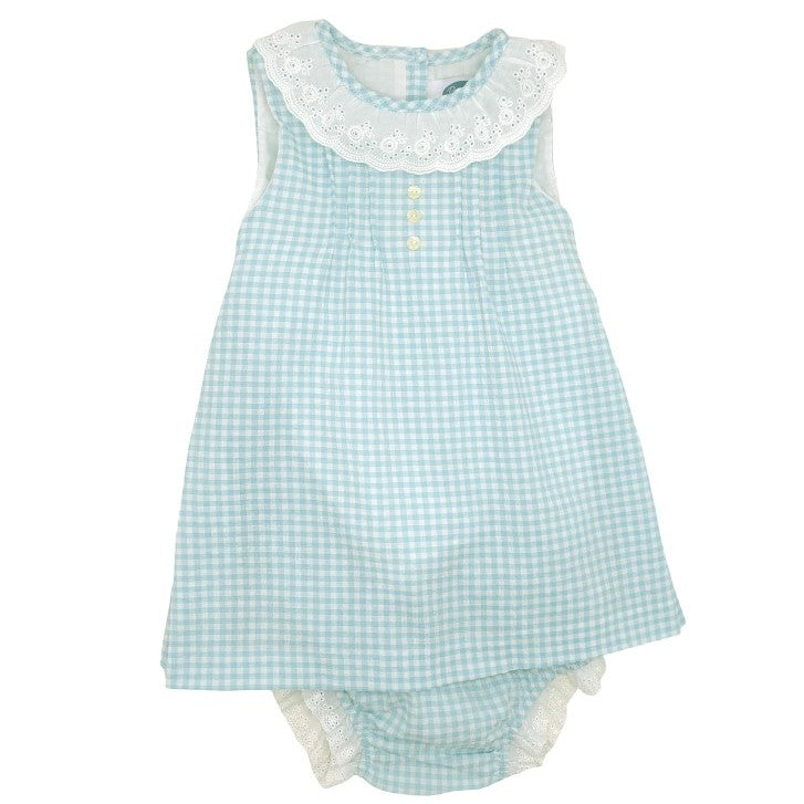 Girl Turquoise Gingham Dress with White Embroidered Collar