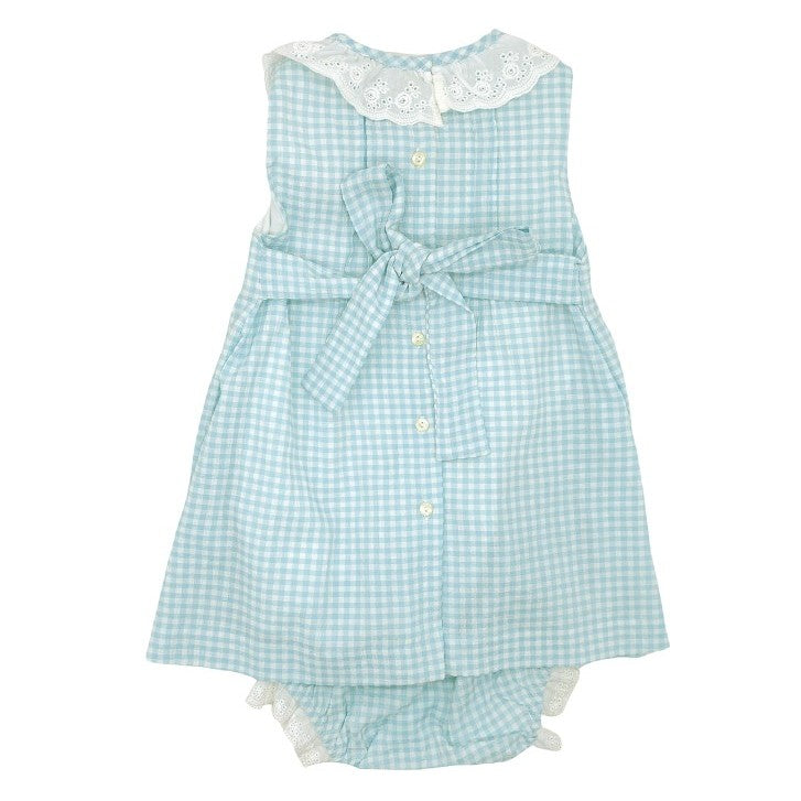 Girl Turquoise Gingham Dress with White Embroidered Collar