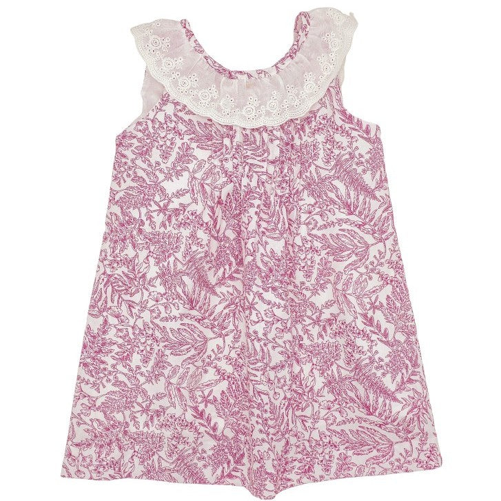 Girl Burgundy Toile V-Back Dress with White Embroidered Collar
