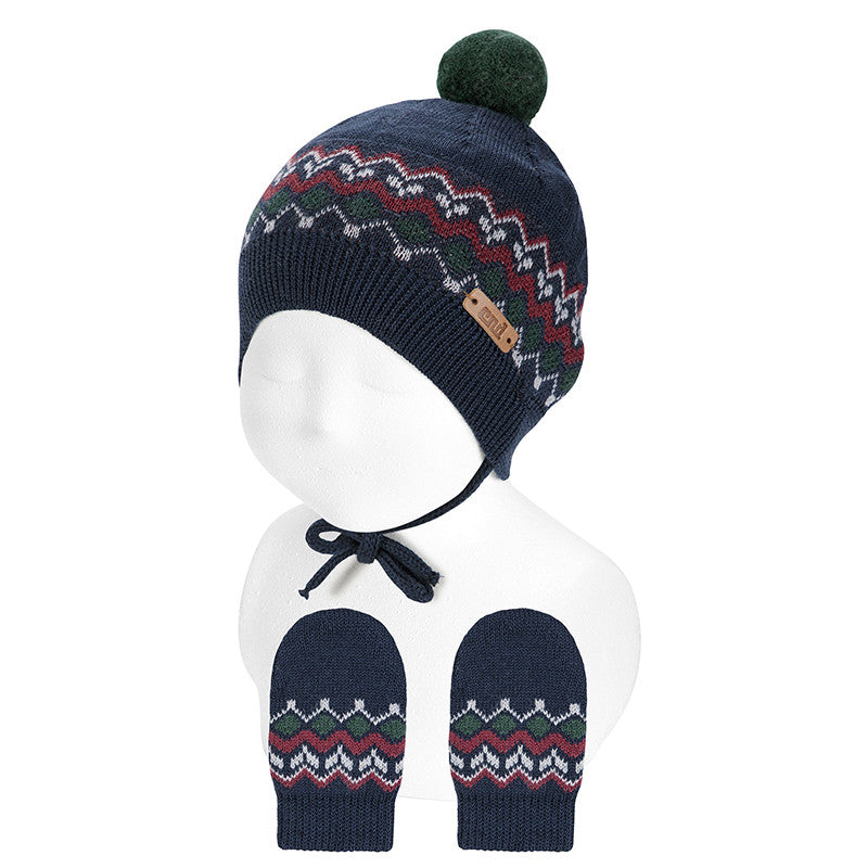 Condor Merino wool set (border knit hat + mittens) Navy