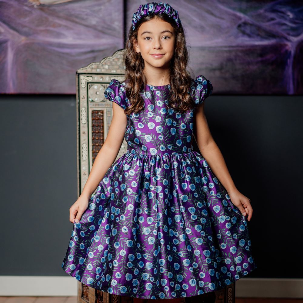 Girl Purple Floral Silk Dress