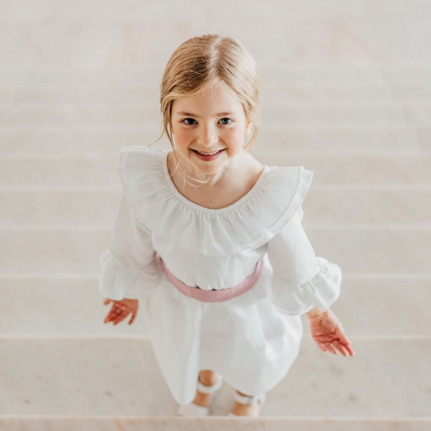 Girl White Linen Dress with Pink Sash