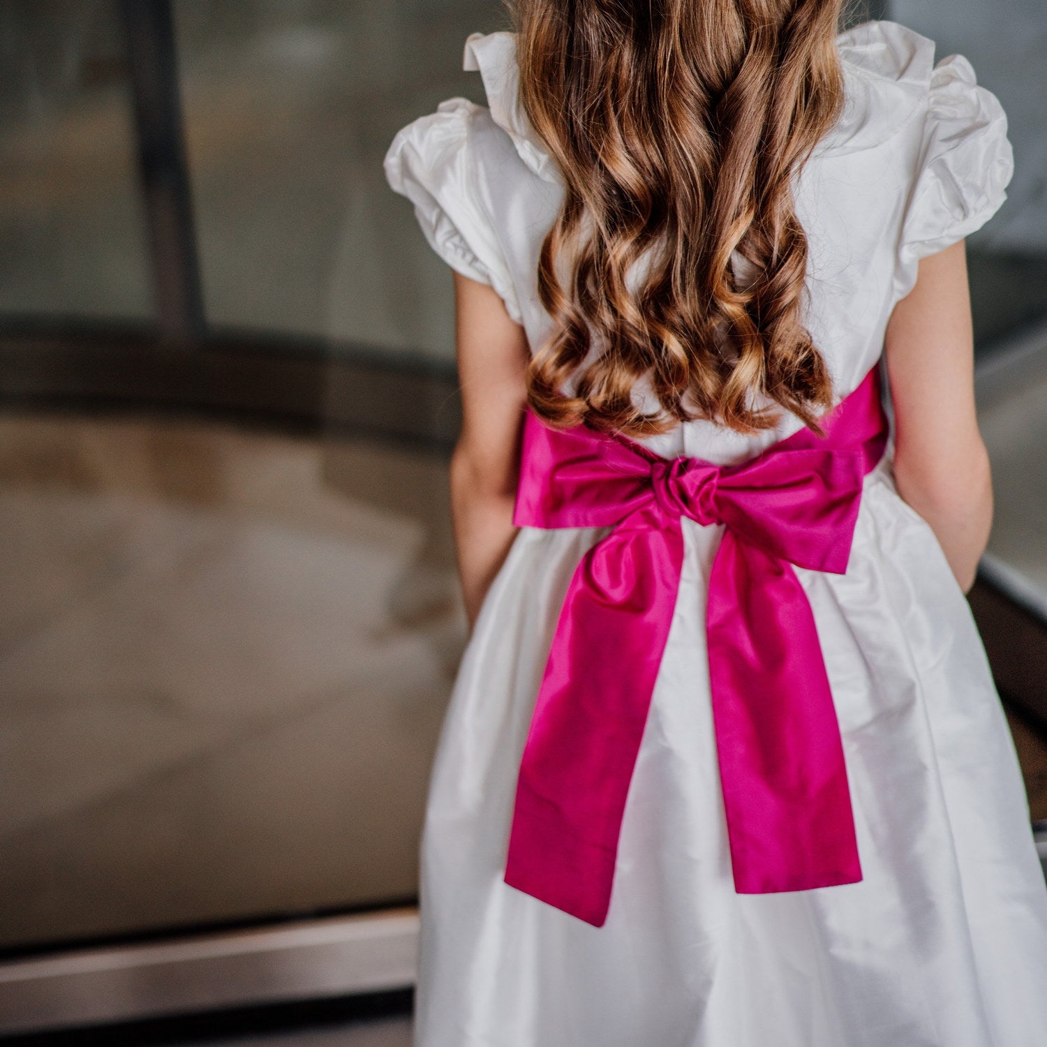 Flower Girl White Silk Dress Hot Pink Sash