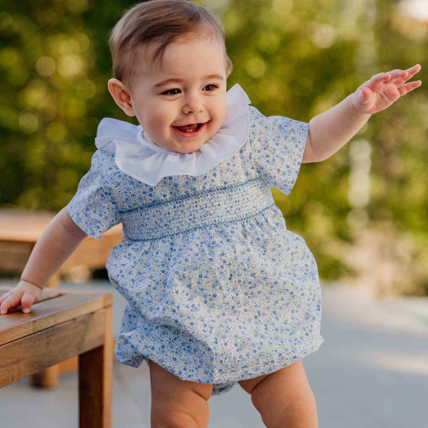 Baby Soft Blue Meadow Hand Smocked Romper