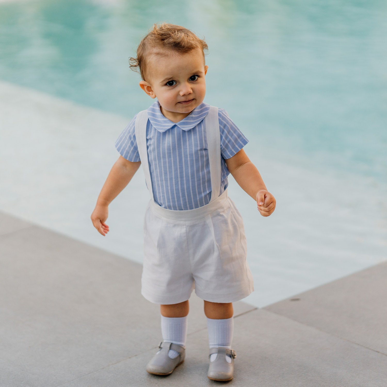 Baby Champagne Linen Shorts with Braces