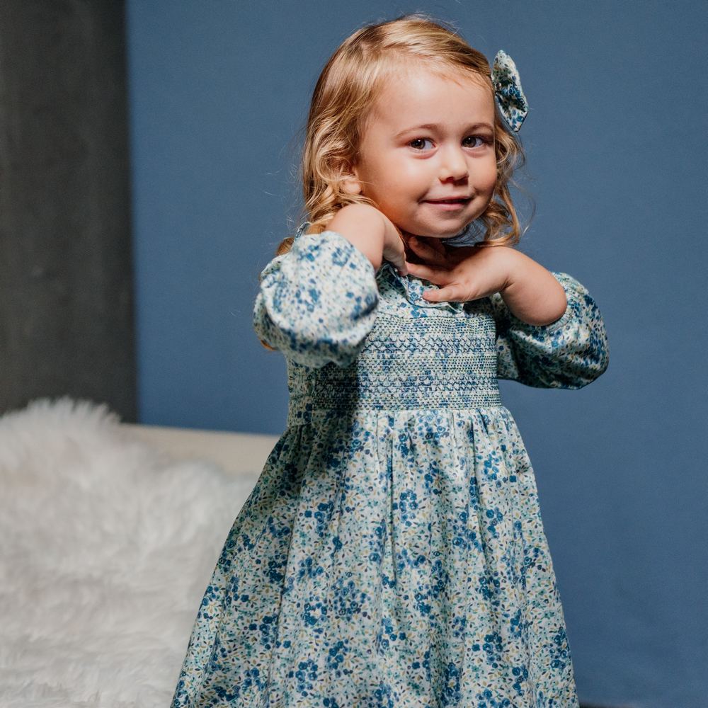 Girl Sapphire Floral Hand Smocked Dress