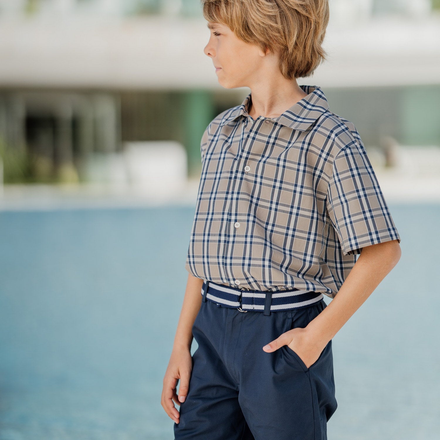 Boy Navy & Khaki Check Short Sleeve Shirt