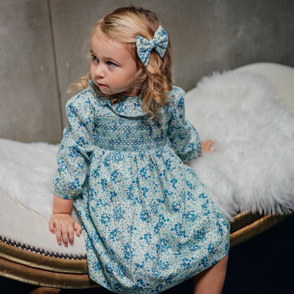 Girl Sapphire Floral Hand Smocked Dress