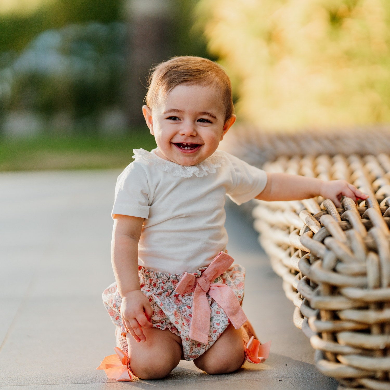 Baby Salmon Sage Floral Linen Bloomers with Bow
