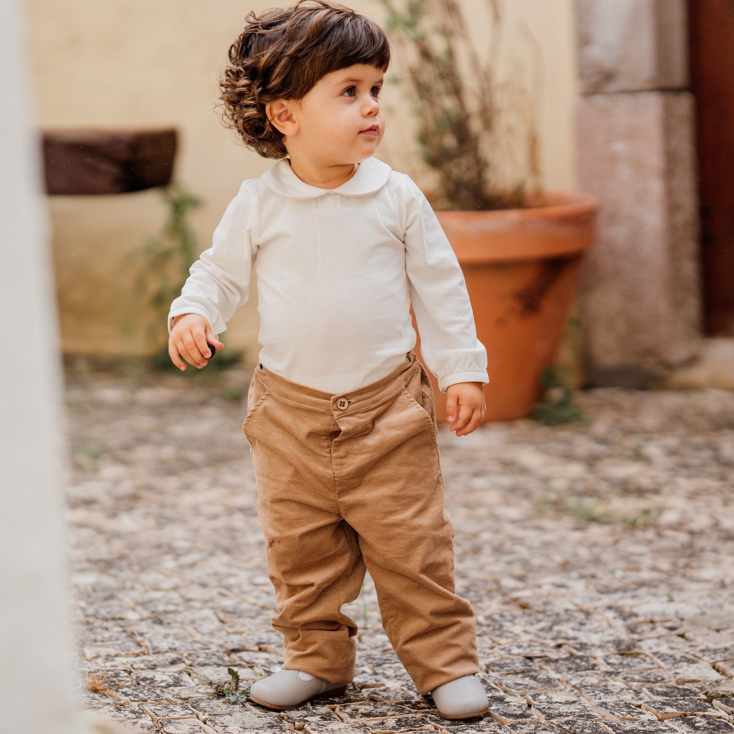 Baby White Cotton Beige Trim Bodysuit