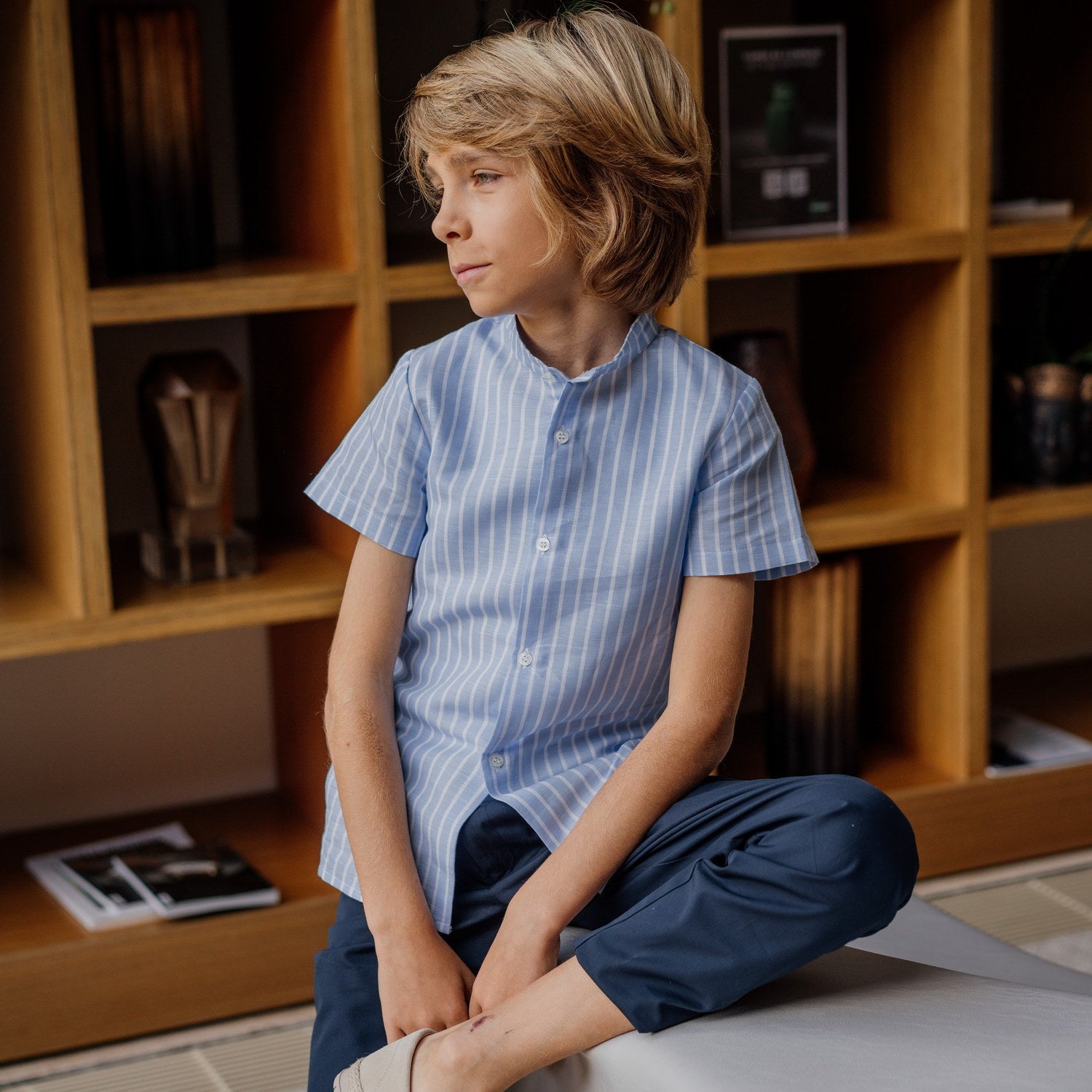 Boy Light Blue & White Stripe Linen Short Sleeve Shirt