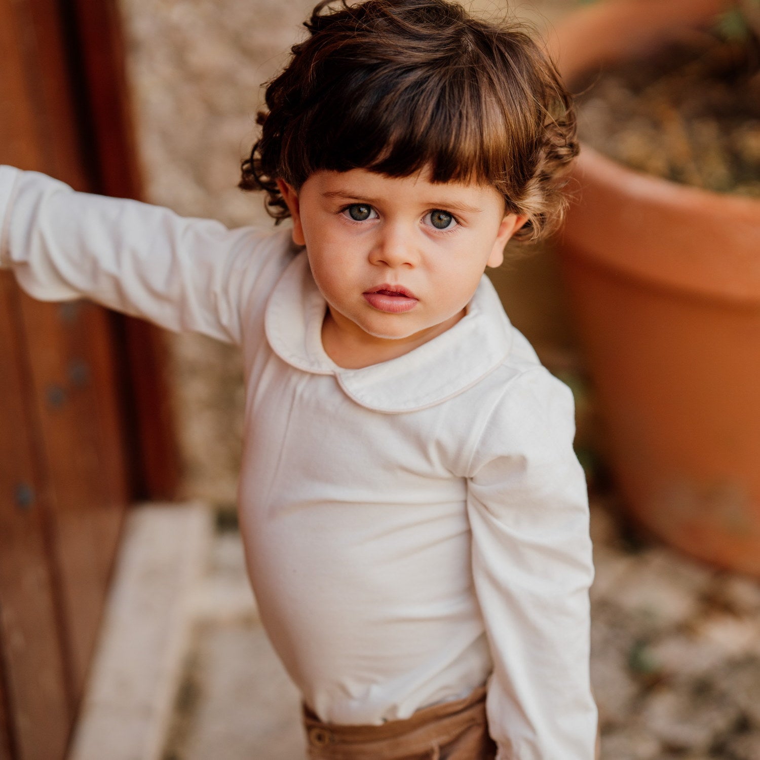 Baby White Cotton Beige Trim Bodysuit