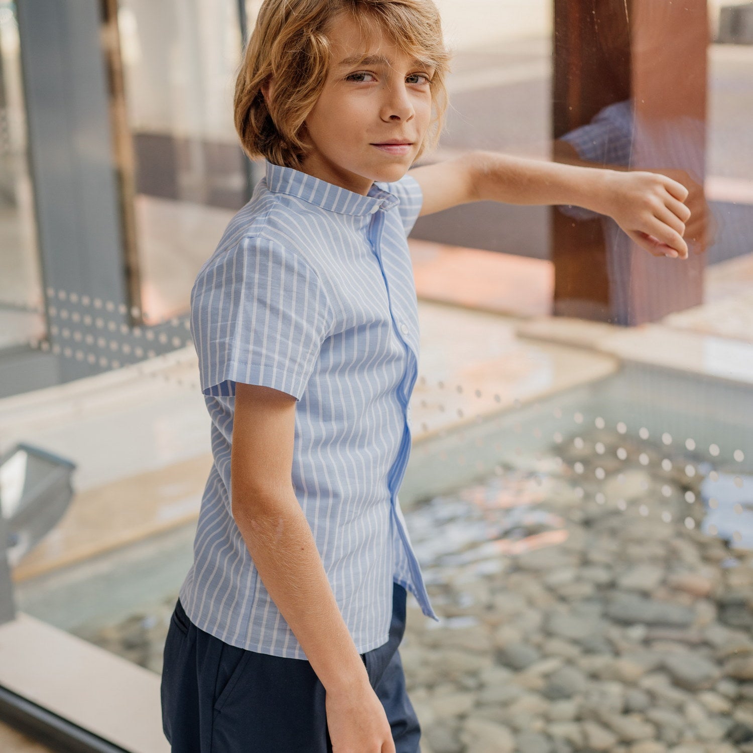 Boy Light Blue & White Stripe Linen Short Sleeve Shirt