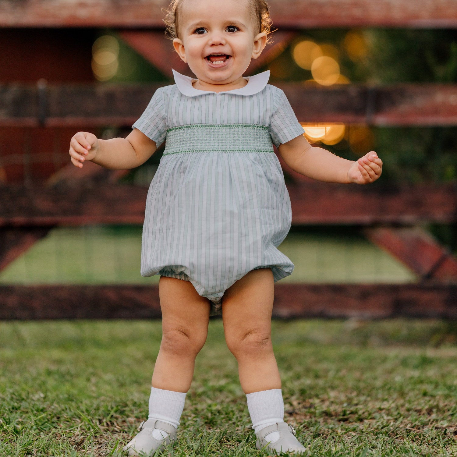 Baby Light Green Stripe Hand Smocked Romper