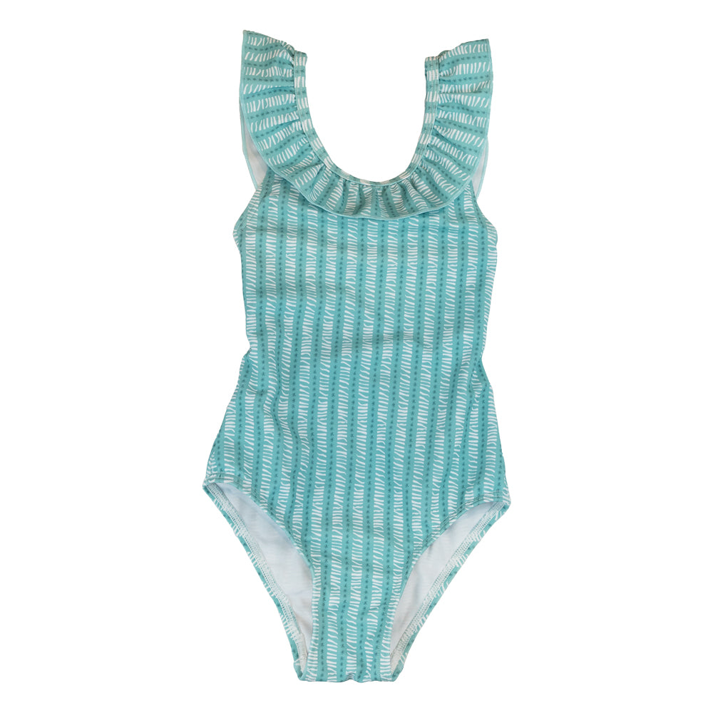 Girl Green & White Pattern Frill Collar Swimsuit