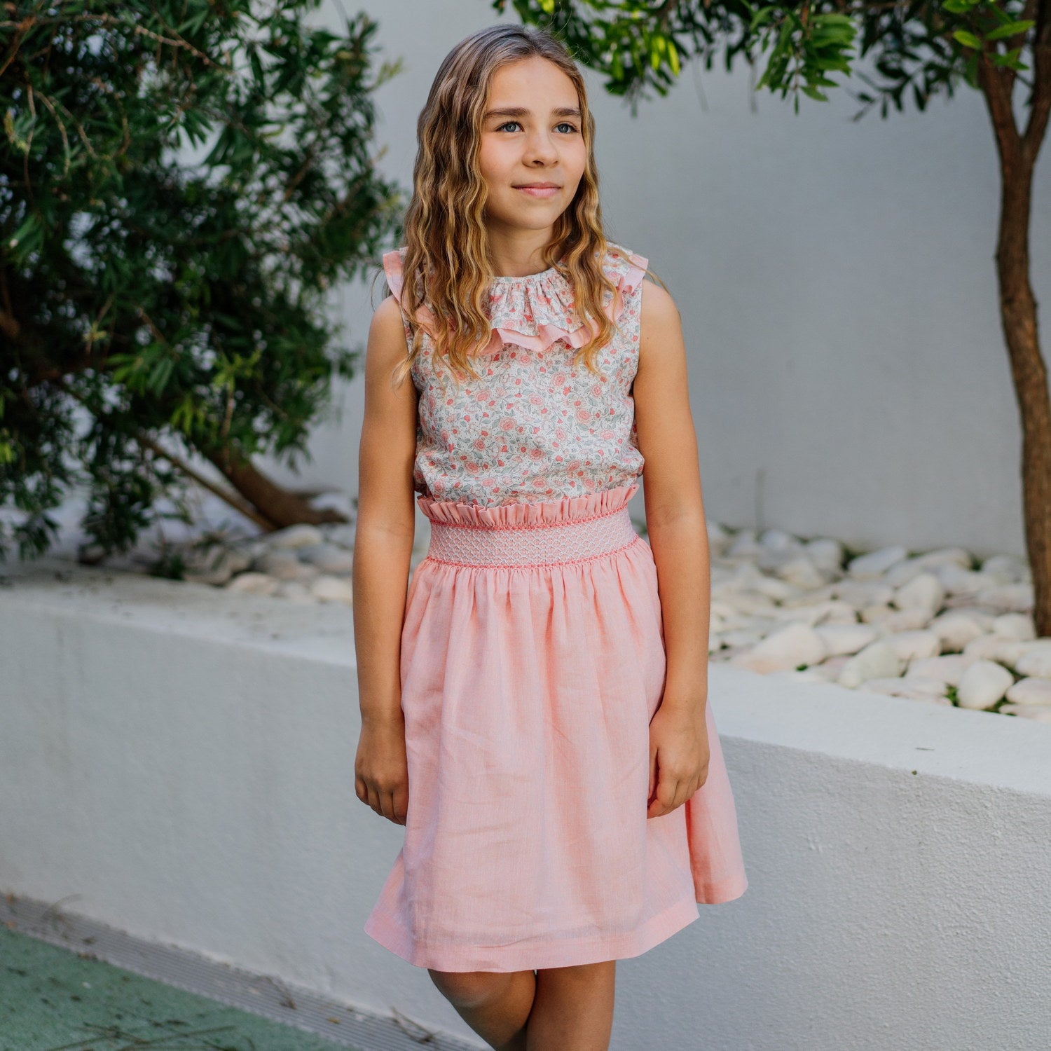 Girl Apricot Sand Linen Hand Smocked Skirt