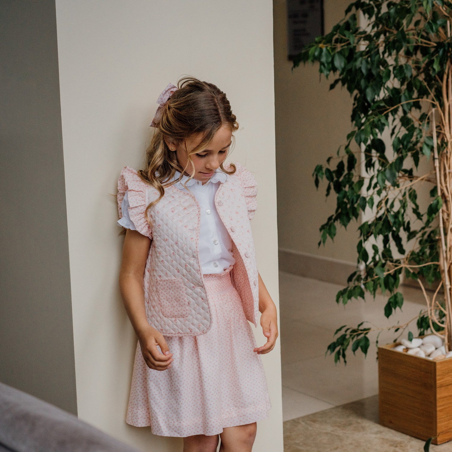 Girl Pink Flowers Quilted Sleeveless Jacket