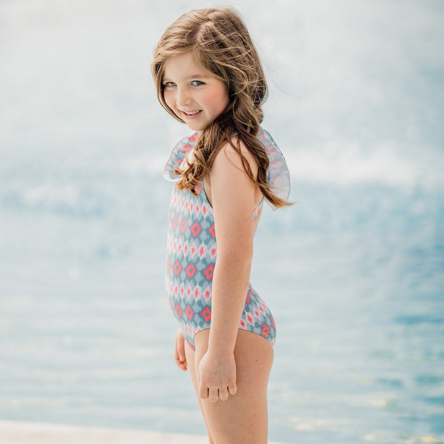 Girl Coral Ikat Frill Collar Swimsuit