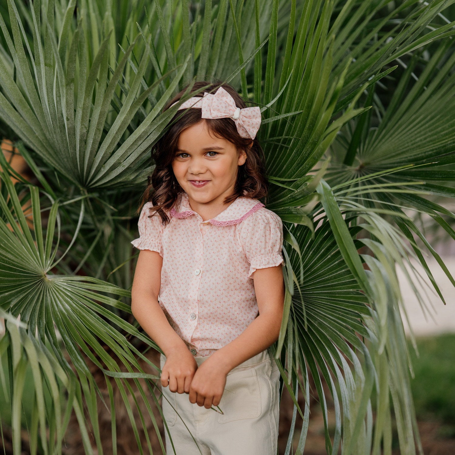 Girl Ditsy Pink Flowers Short Sleeve Blouse