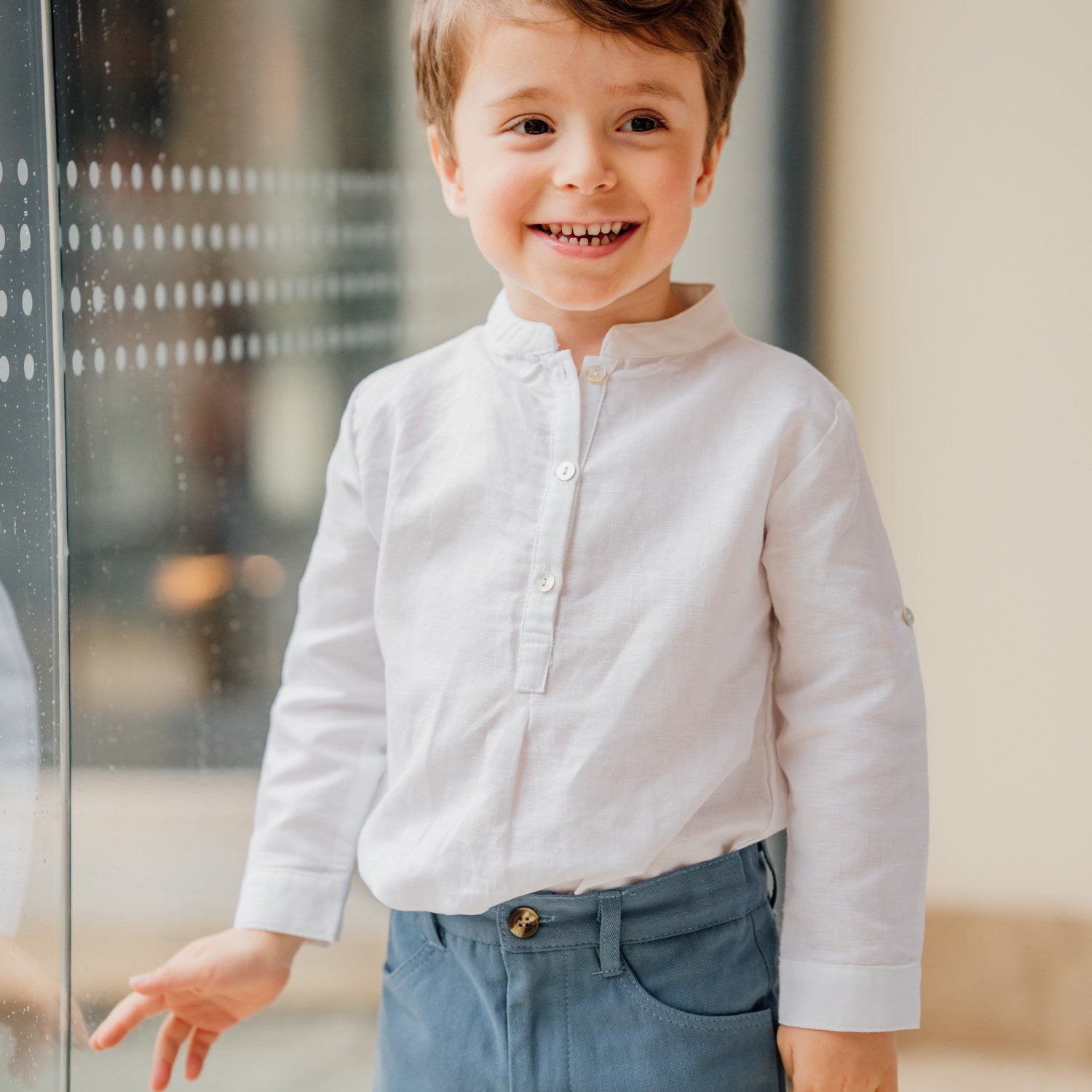 Boy White Linen Mandarin Collar Shirt