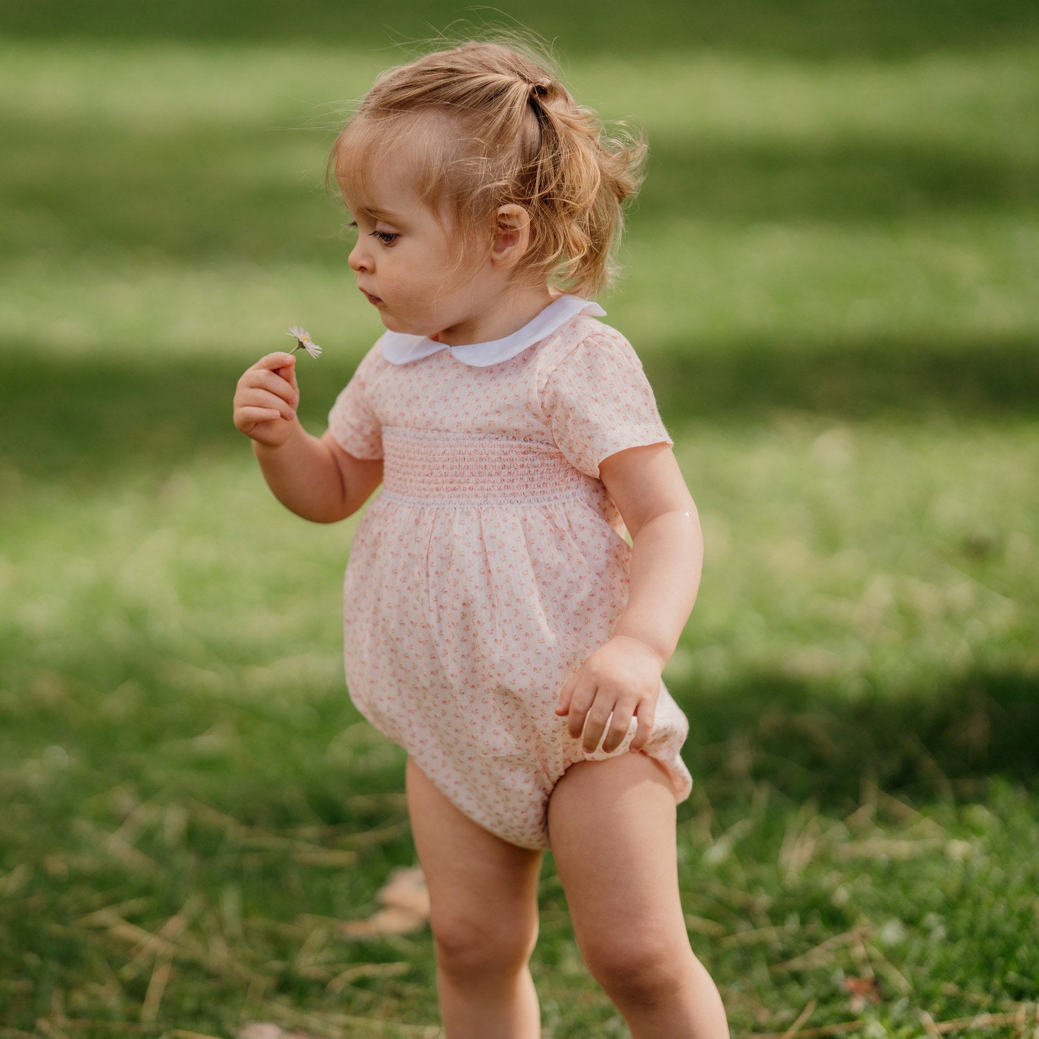 Baby Ditsy Pink Flowers Hand Smocked Romper