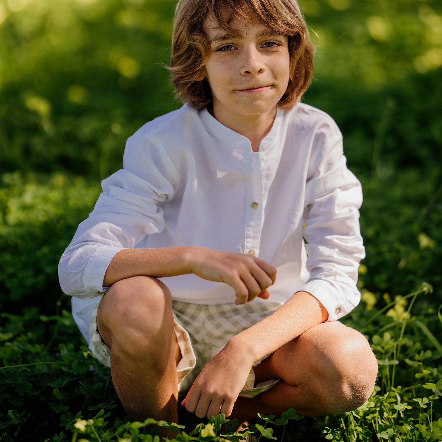 Boy White Linen Mandarin Collar Shirt