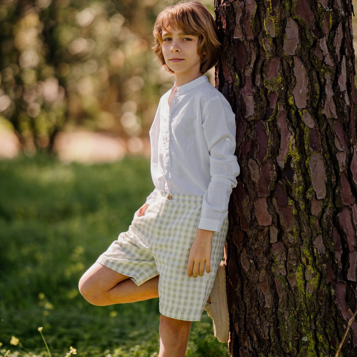 Boy White Linen Mandarin Collar Shirt