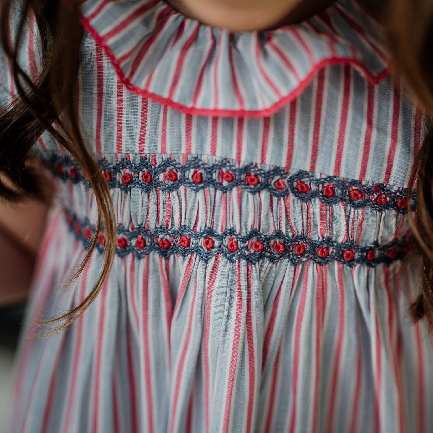 Girl Blue & Red Striped Hand Smocked Dress