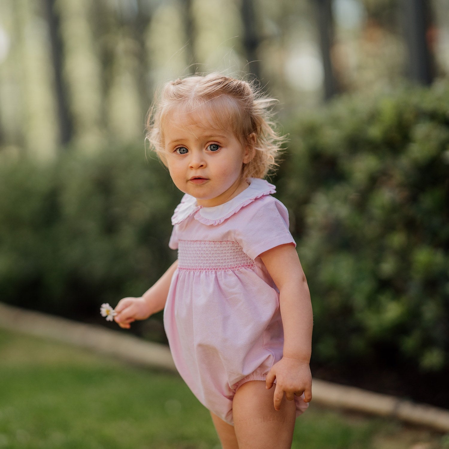 Baby Light Pink Oxford Hand Smocked Romper