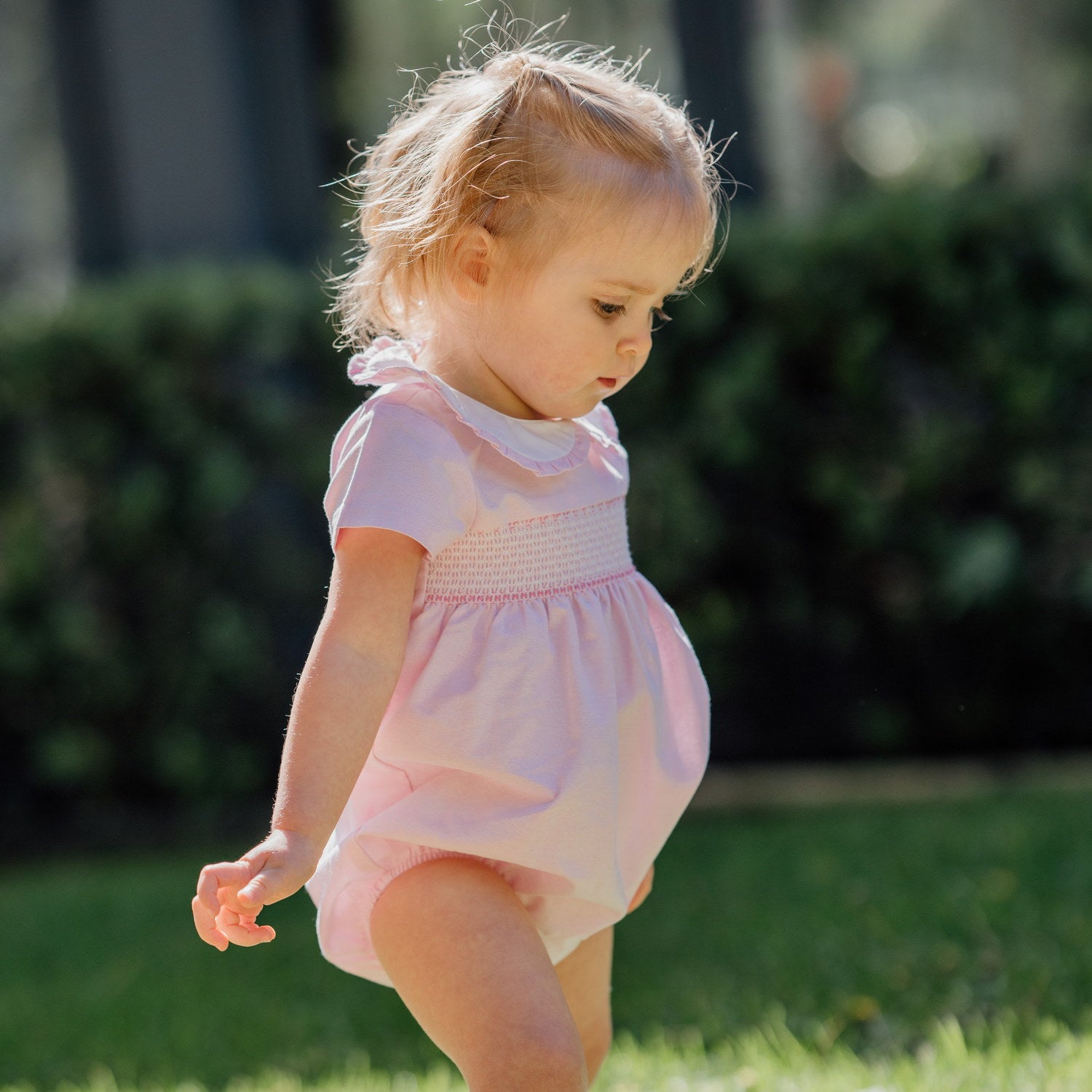 Baby Light Pink Oxford Hand Smocked Romper