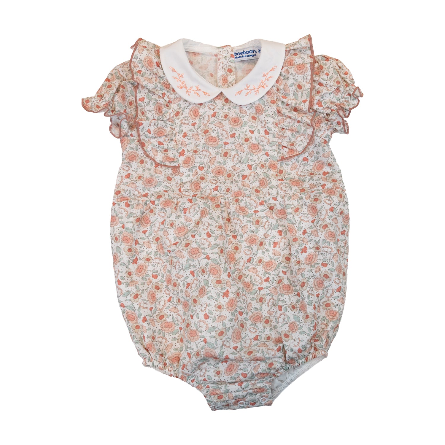Baby Salmon Sage Floral Linen Ruffle Romper