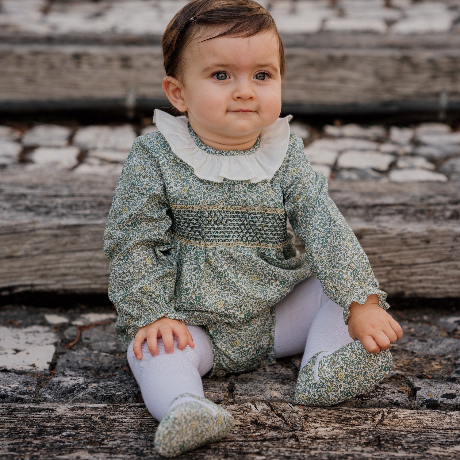 Baby Katie & Millie Green Liberty Hand Smocked Romper