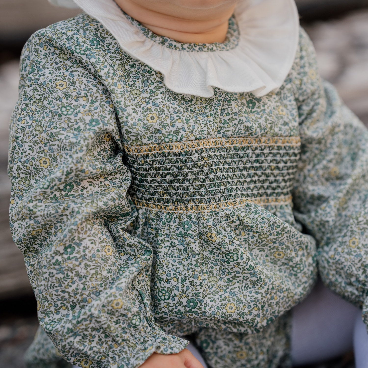 Baby Katie & Millie Green Liberty Hand Smocked Romper