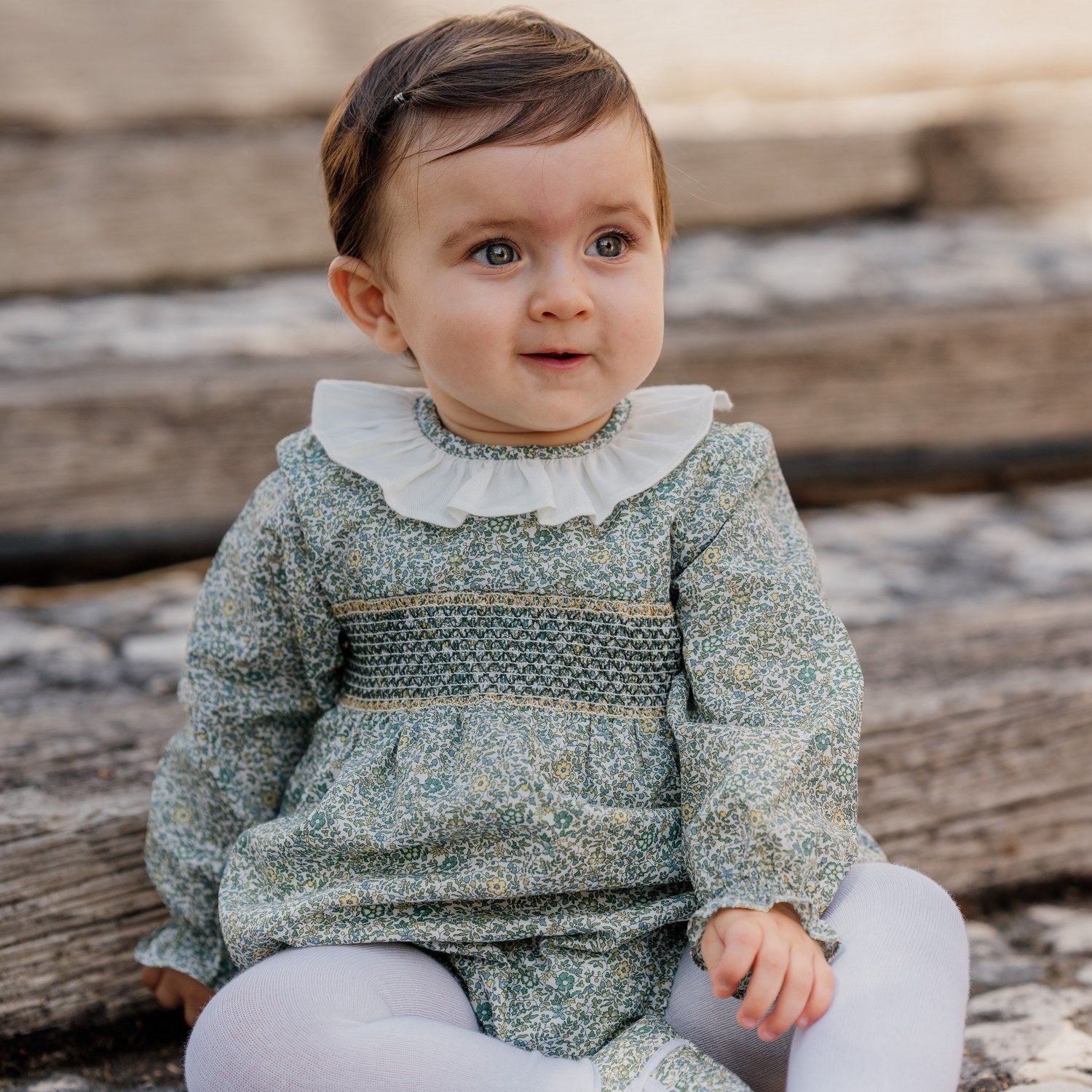 Baby Katie & Millie Green Liberty Hand Smocked Romper