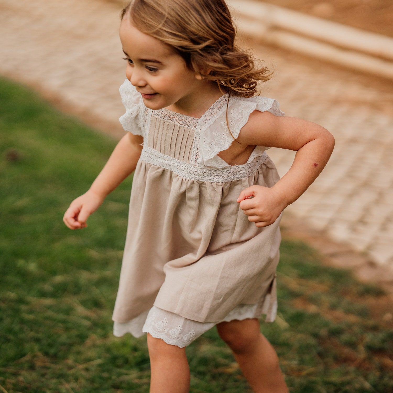 Girl Beige Linen Dress with Lace