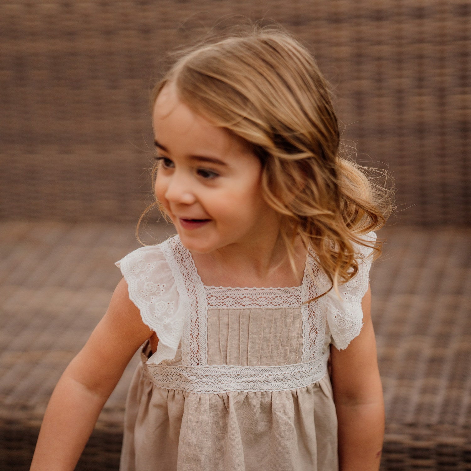 Girl Beige Linen Dress with Lace