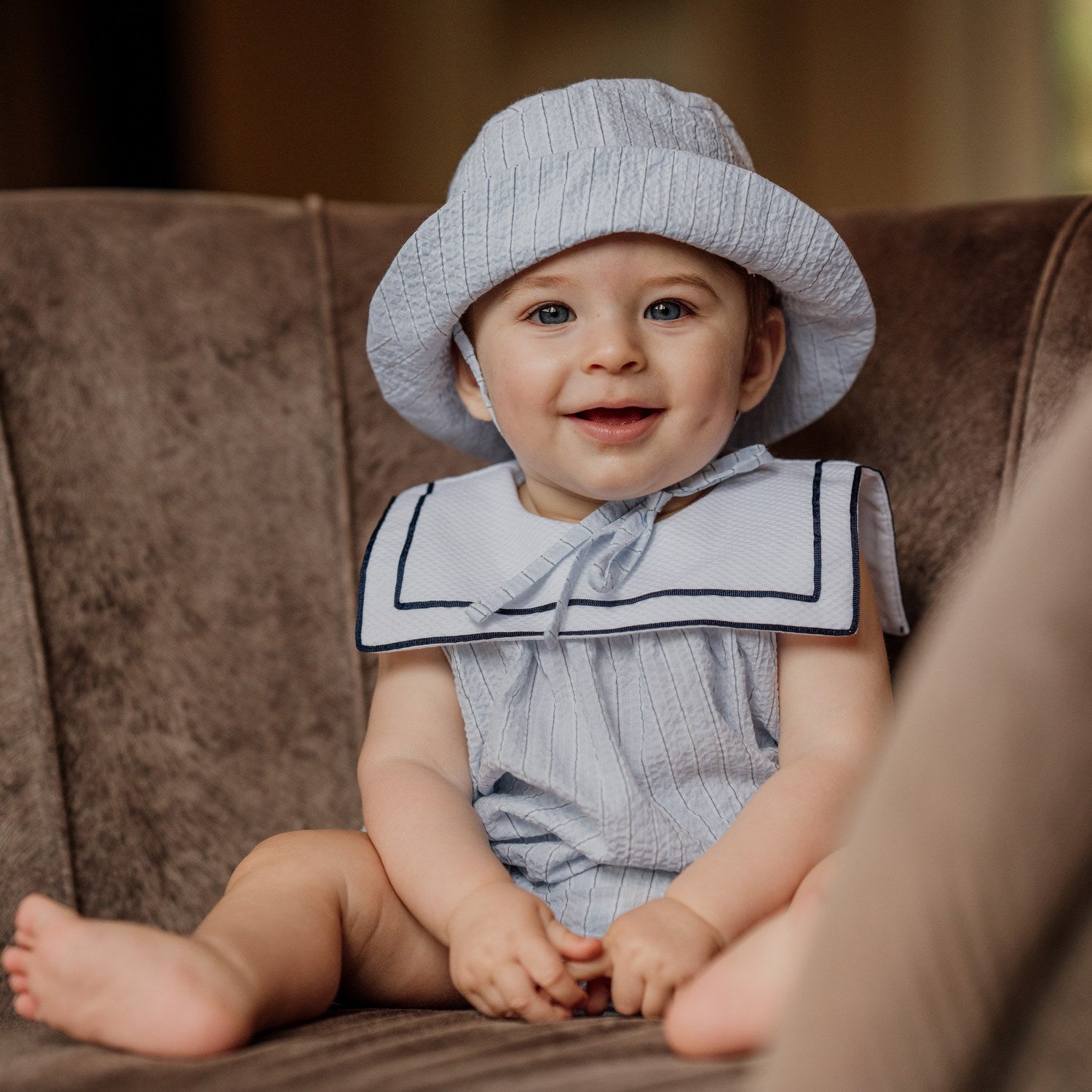 Baby Blue Stripe Seersucker Sailor Romper
