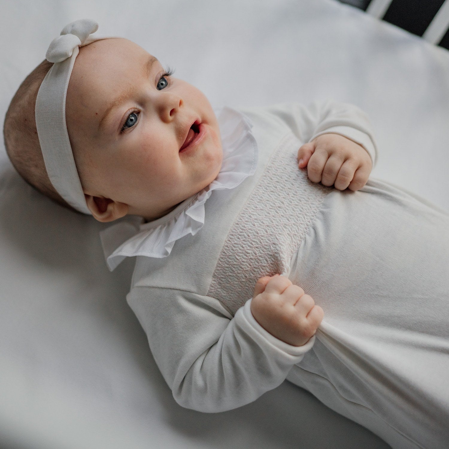 Baby Pink Hand Smocked White All-in-one