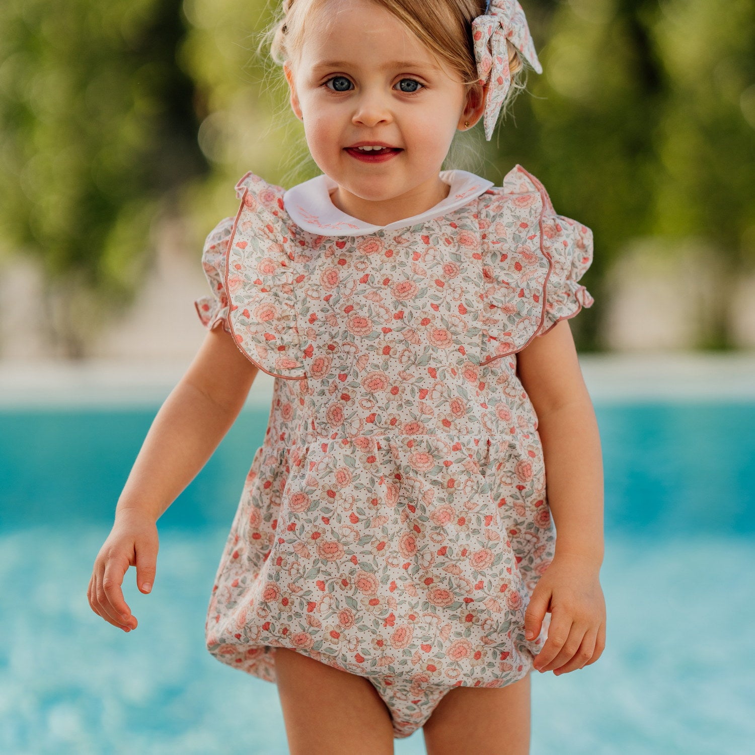 Baby Salmon Sage Floral Linen Ruffle Romper